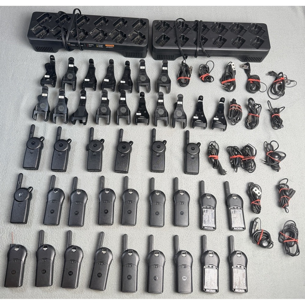 24 Motorola DLR1020 CLS1110 Two-Way Radios Chargers Earpieces Bulk Lot